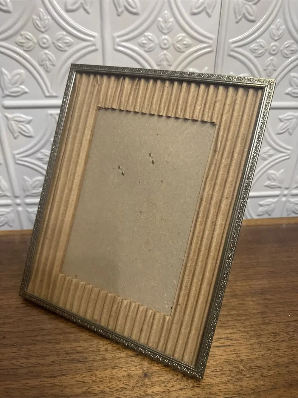 Vintage Metal Picture Frame Glass Easel Gold Tone Ornate Design 8x10 MCM Decor